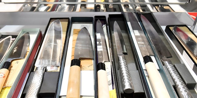 Kitchen knives on display at the 2023 Bar &amp; Restaurant Expo and World Tea Expo at the Las Vegas Convention Center on March 28, 2023, in Las Vegas, Nevada.