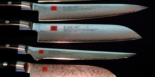 This picture taken on September 16, 2022, shows a variety of knives displayed at a factory of Sumikama Cutlery in Seki, Gifu prefecture.