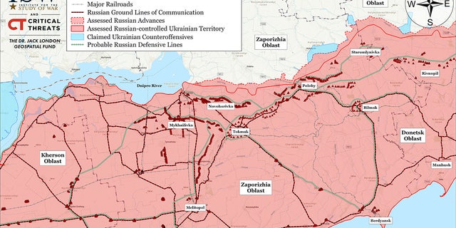 A map of Russia's defensive fortifications in Zaporizhzhia around Tokmak, Melitopol and Vasilyevka. Ukraine could target the triangle region in a spring offensive.