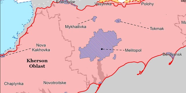 A map of a vital triangle region in Zaporizhzhia made up by Tokmak, Melitopol, and Vasilyevka cities. Ukraine could target the triangle region in a spring offensive.