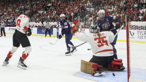 Hilary Knight celebrates her hat-trick goal during the gold medal game.