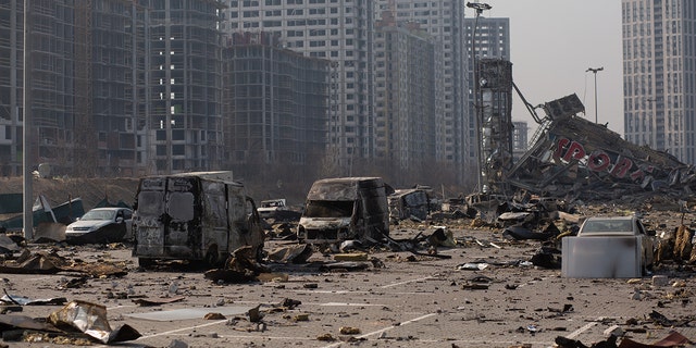 The site of a rocket explosion where a shopping mall used to be, on March 23, 2022, in Kyiv, Ukraine. The rocket hit the shopping mall on March 20, 2022. 