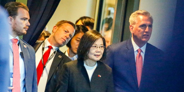 House Speaker Kevin McCarthy, R-Calif., right, and Taiwan President Tsai Ing-wen, second from right, arrive at a Bipartisan Leadership Meeting at the Ronald Reagan Presidential Library in Simi Valley, California.