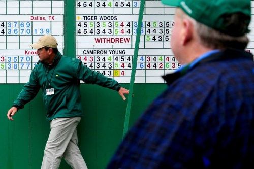The scoreboard is changed after Tiger Woods withdrew from competition on Sunday. 