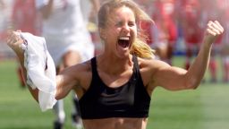Brandi Chastain shouts after scoring in a shoot-out in the finals of the Women's World Cup