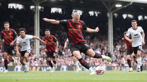 Haaland scores from the penalty spot against Fulham -- one of the 51 goals he has netted this season.