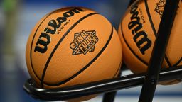 A detail view of a WIlson basketball prior to game between the Miami (Fl) Hurricanes and Auburn Tigers during the second round of the 2022 NCAA Men's Basketball Tournament at Bon Secours Wellness Arena on March 20, 2022 in Greenville, South Carolina.