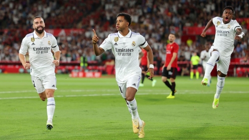 Rodrygo (center) celebrates scoring in the Copa del Rey final against Osasuna.