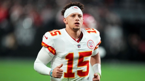 Patrick Mahomes runs off the field after the first half against the Las Vegas Raiders at Allegiant Stadium on January 7.