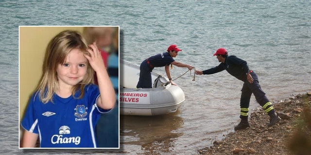 A photo of Madeleine McCann over a photo of search crews