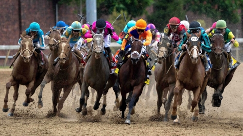 Mage, ridden by Javier Castellano, at left, trails into the the straight away off of the final turn.