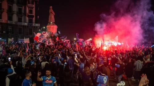 Fans in Naples celebrate Napoli's first league title in 33 years. 