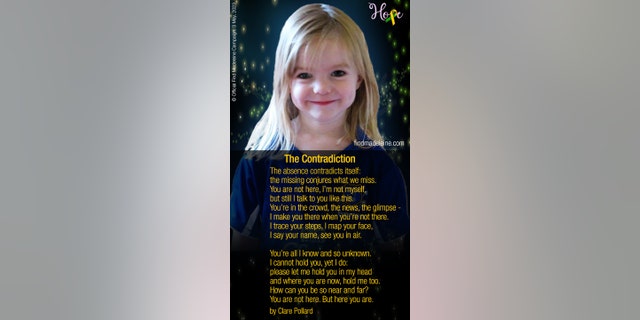 A photo of Madeleine McCann and the poem Kate and Gerry McCann shared to their Facebook page and website