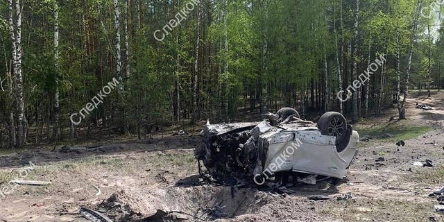 Wreckage after explosion of car Zakhar Prilepin