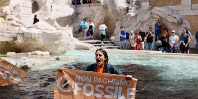 Protester holds sign at Trevi Fountain in Rome, Italy