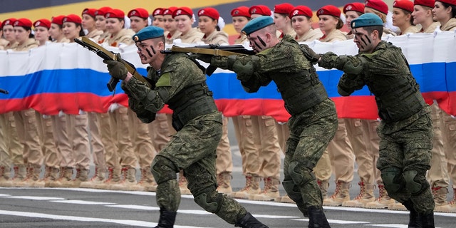 Russian soldiers during parade rehearsal