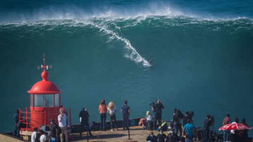 Sebastian Steudtner rides a wave in Nazaré, Portugal, in October 2020. 