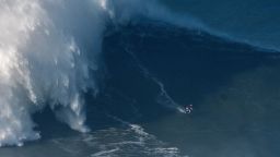 NAZARE, PORTUGAL - JANUARY 18: Brazilian big wave surfer Maya Gabeira, drops a wave during a surf session at Praia do Norte on January 18, 2018 in Nazare, Portugal. (Photo by Octavio Passos/Getty Images)