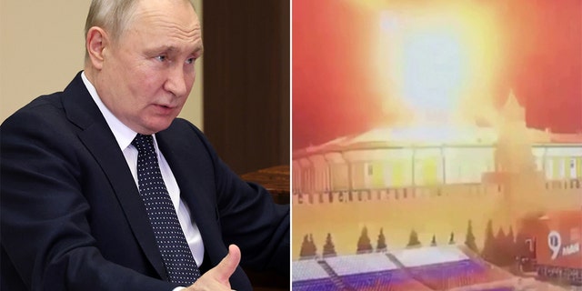 Split image of Russian President Vladimir Putin and drone shot down