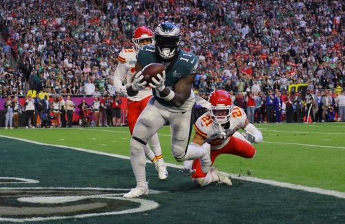 Eagles wide receiver A.J. Brown catches a 45-yard touchdown pass on the first play of the second quarter.