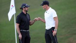 LAS VEGAS, NEVADA - JUNE 01: Tom Brady (R) and Aaron Rodgers celebrate during Capital One's The Match VI - Brady & Rodgers v Allen & Mahomes at Wynn Golf Club on June 01, 2022 in Las Vegas, Nevada. (Photo by Carmen Mandato/Getty Images for The Match)