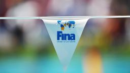 The logo of the Swimming governing body FINA is displayed on a flag at the main swimming pool on July 26, 2009 at the 13th FINA World Swimming Championships in Rome. 