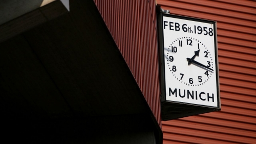 The Munich Clock at Old Trafford is frozen at the time the plane crashed.