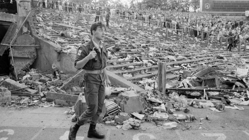 The aftermatch of the. Heysel Stadium Disaster, May 1985.