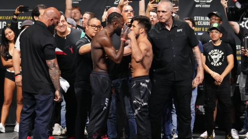 Aljamain Sterling (left) and Henry Cejudo face off during the UFC 288 ceremonial weigh-in on May 5. 