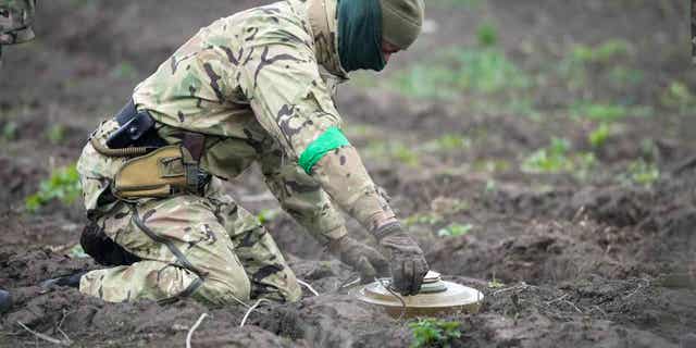 An interior ministry sapper defuses a mine