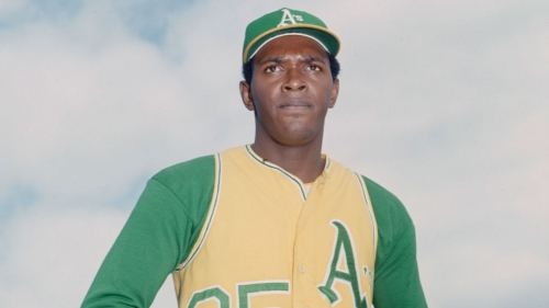 Oakland Athletics pitcher Vida Blue (35) poses for a portrait on the field.