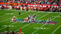 GLENDALE, AZ - FEBRUARY 12: Harrison Butker #7 of the Kansas City Chiefs misses the field goal against the Philadelphia Eagles during the first quarter in Super Bowl LVII at State Farm Stadium on February 12, 2023 in Glendale, Arizona. (Photo by Kevin Sabitus/Getty Images)