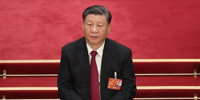 Chinese President Xi Jinping sitting at a session.