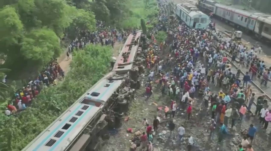 Aerial view shows extent of disastrous train wreck in eastern India