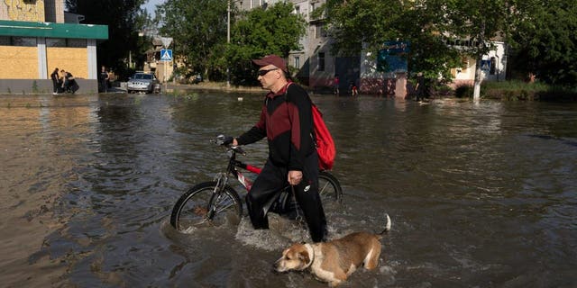 Man wades through Kakhovka dam flooding