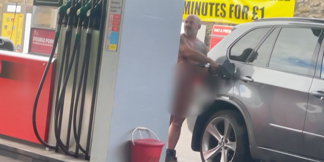 Naked man in UK pumps gas 