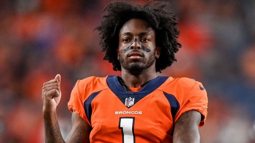 KJ Hamler looks on from the sideline during a preseason NFL game against the Minnesota Vikings at Empower Field at Mile High on August 27, 2022 in Denver.