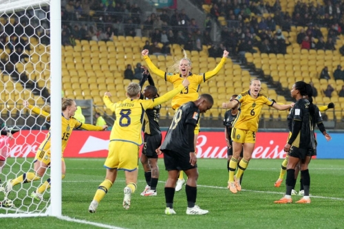 Sweden's Amanda Ilestedt celebrates after scoring a late winner against South Africa on July 23. Sweden won 2-1.