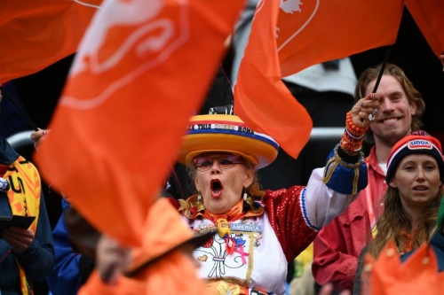 Netherlands' fans cheer in the stands before the start of the match against South Africa.