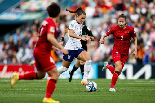 US forward Sophia Smith dribbles the ball against Vietnam. She scored the first two goals of the match.