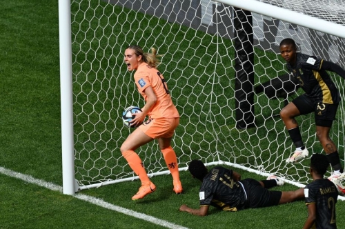 The Netherlands' Jill Roord celebrates scoring their first goal against South Africa during the match at Sydney Football Stadium in Australia on August 6. Netherlands won 2-0 and will advance to the quarterfinals.