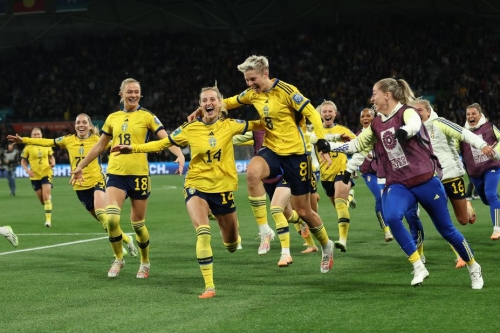 Sweden players celebrate the team's victory through  penalty shootout in the FIFA Women's World Cup in the Round of 16 match eliminating defending champion USA in Melbourne on Sunday, August 6, 2023.