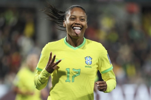 Brazil's Ary Borges celebrates her third goal during the Panama. Her hat trick was the first of the tournament.