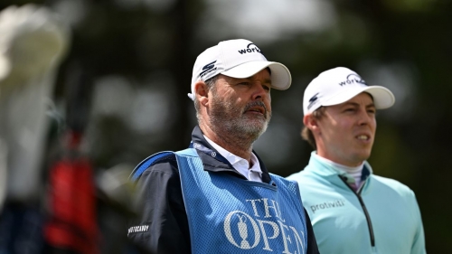 Matt Fitzpatrick of England and Caddy Billie Foster look on prior to The 151st Open at Royal Liverpool Golf Club on July 17, 2023 in Hoylake, England.