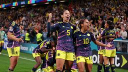 SYDNEY, AUSTRALIA - JULY 30: Lorena Bedoya Durango and Leicy Santos of Colombia celebrate the team's second goal scored by teammate Manuela Vanegas of Colombia (not in frame) during the FIFA Women's World Cup Australia & New Zealand 2023 Group H match between Germany and Colombia at Sydney Football Stadium on July 30, 2023 in Sydney, Australia. (Photo by Cameron Spencer/Getty Images)