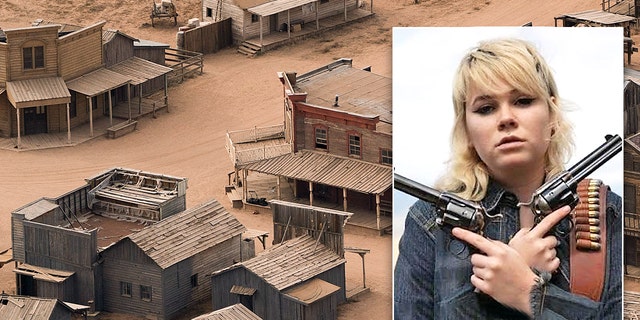 An aerial shot of the "Rust" set inset a photo of Hannah Gutierrez-Reed holding two revolvers