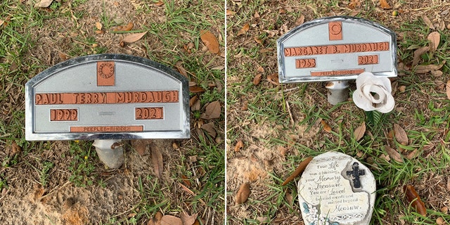 A side-by-side photo of the graves of Paul Murdaugh and Maggie Murdaugh