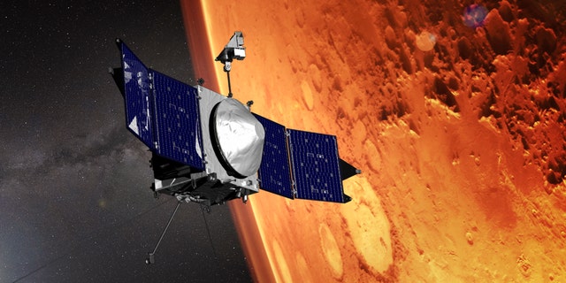 An illustration shows the MAVEN spacecraft and the limb of Mars