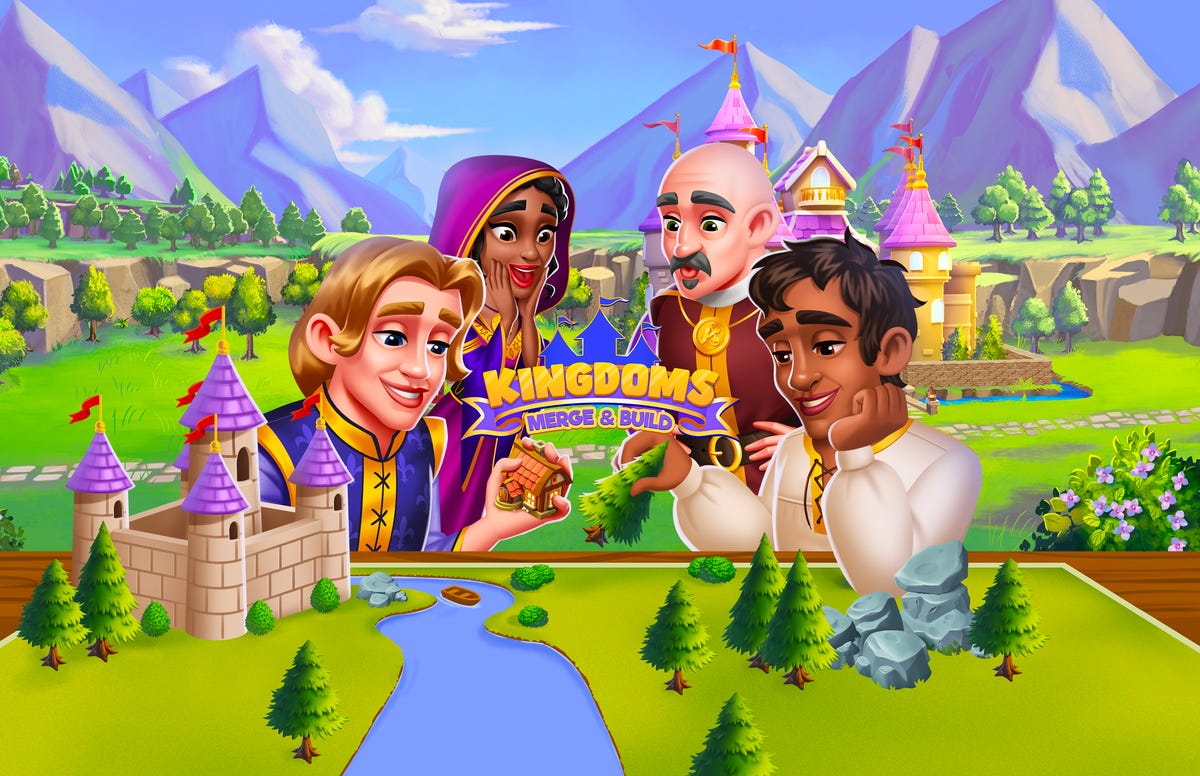 Kingdoms: Merge and Build title card showing four people and a castle with a river