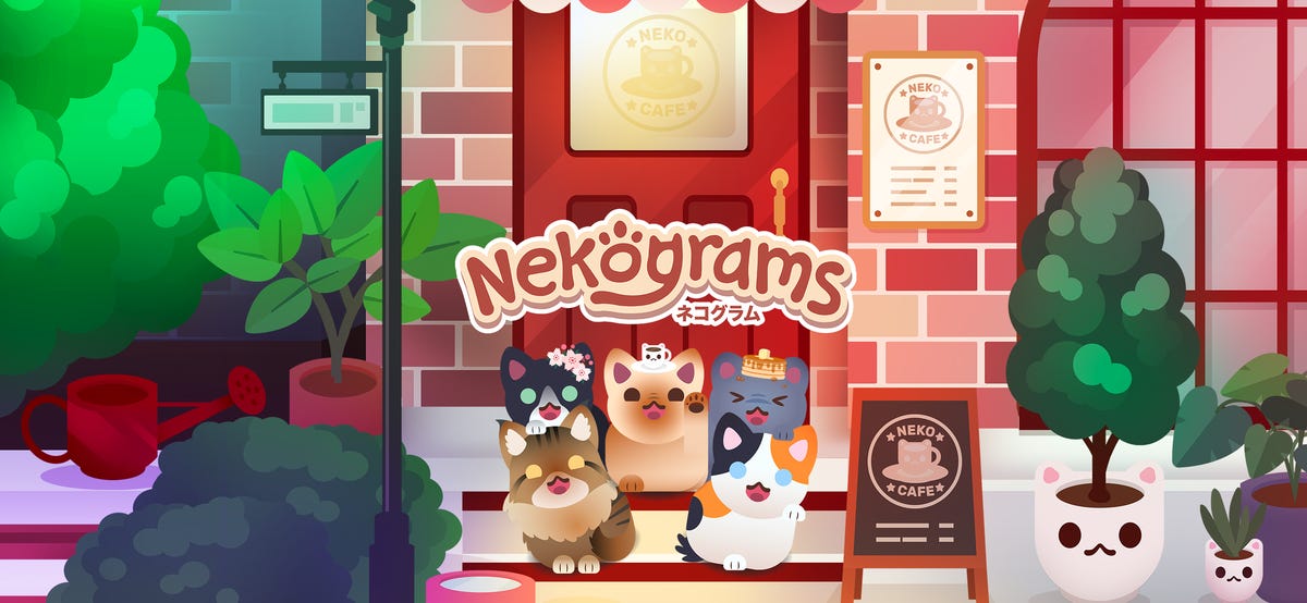 Nekograms Plus title card showing cats on the front steps of a cafe